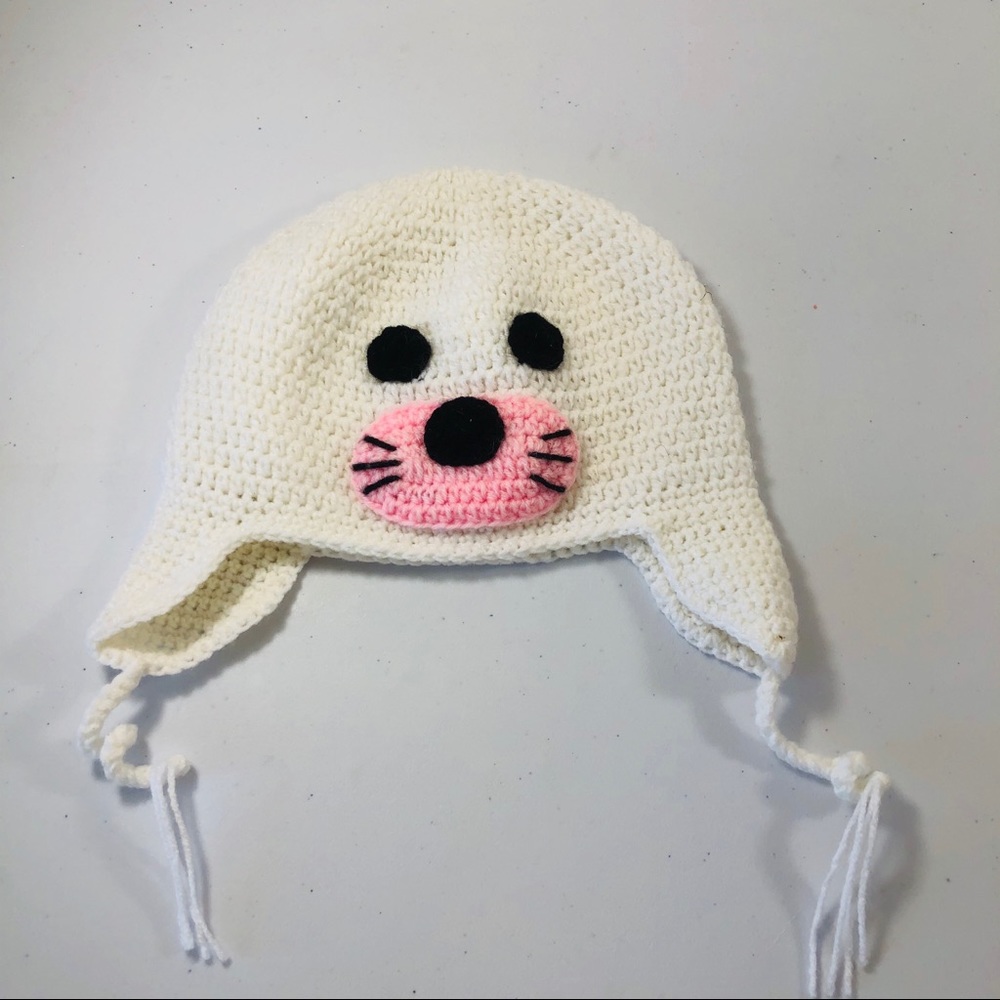 Baby Girls Seal Face Crocheted Knit Warm Winter Hat Gift, Baby Shower Birthday - Picture 2 of 6